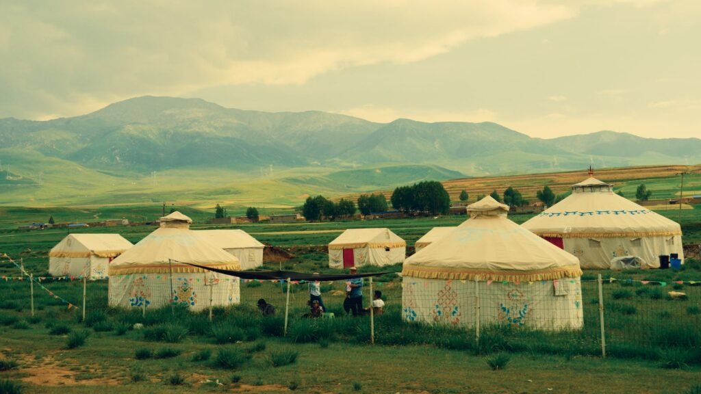 mongolian tents on meadow