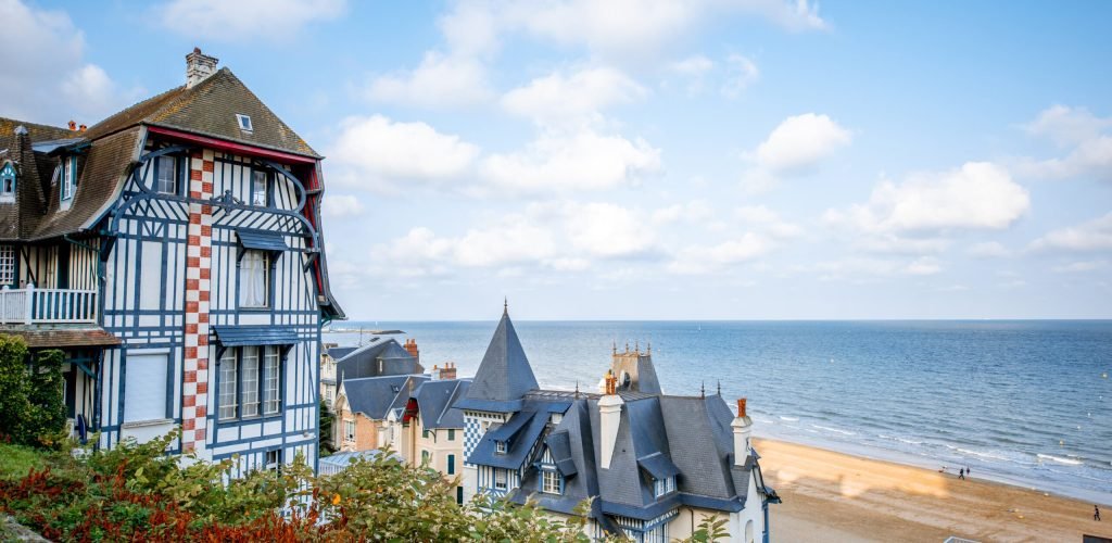 Cityscape view of Trouville in France Top view of Trouville city with luxury houses and beautiful beach on the background during the morning light in France